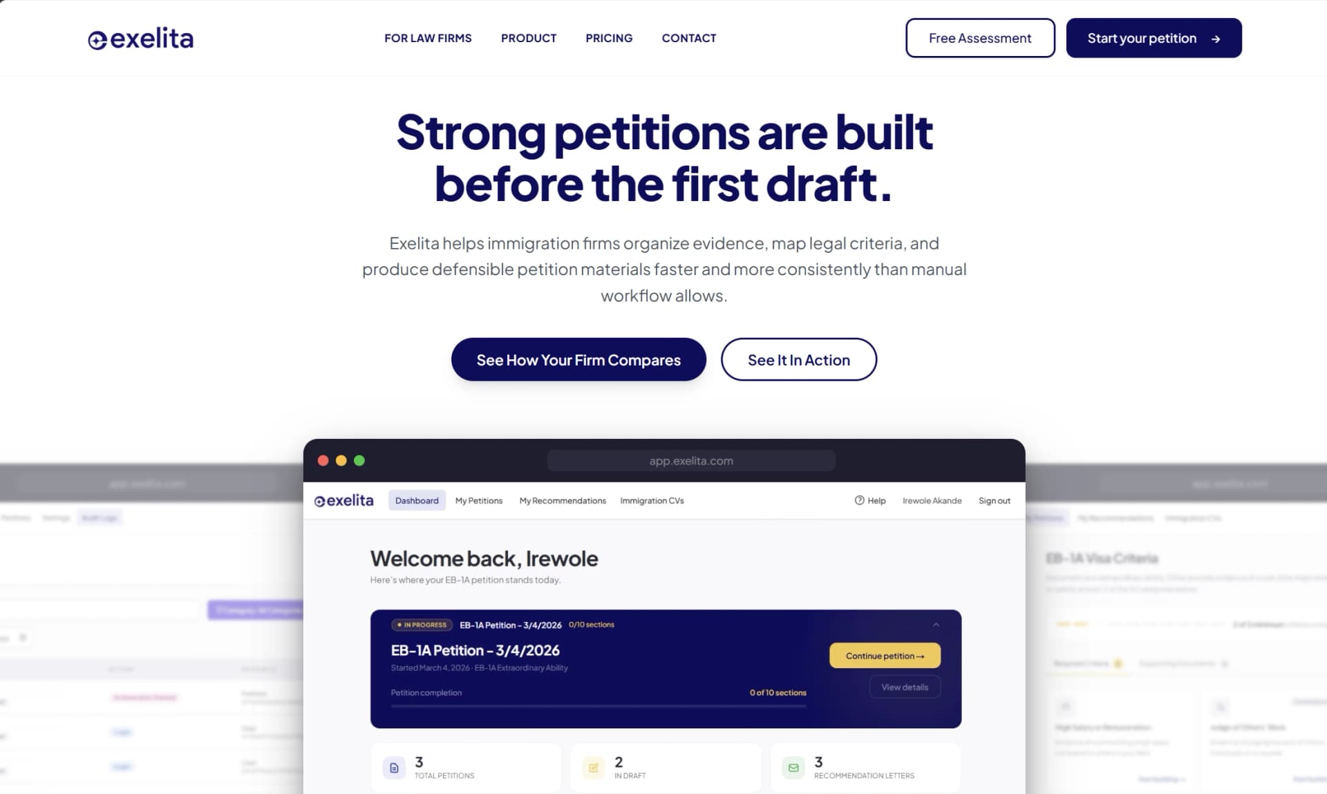 Screenshot of Exelita. Trusted AI infrastructure for extraordinary ability petitions.