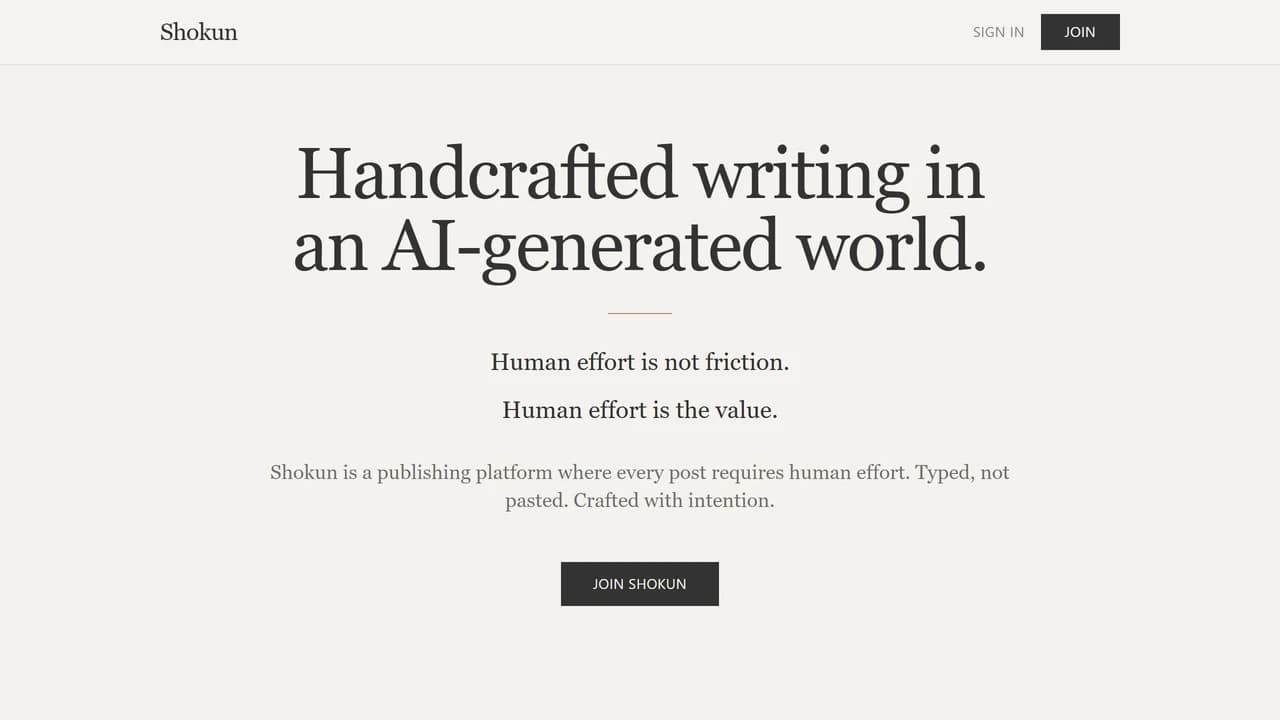 Screenshot of Shokun. Handcrafted writing in an AI-generated world.