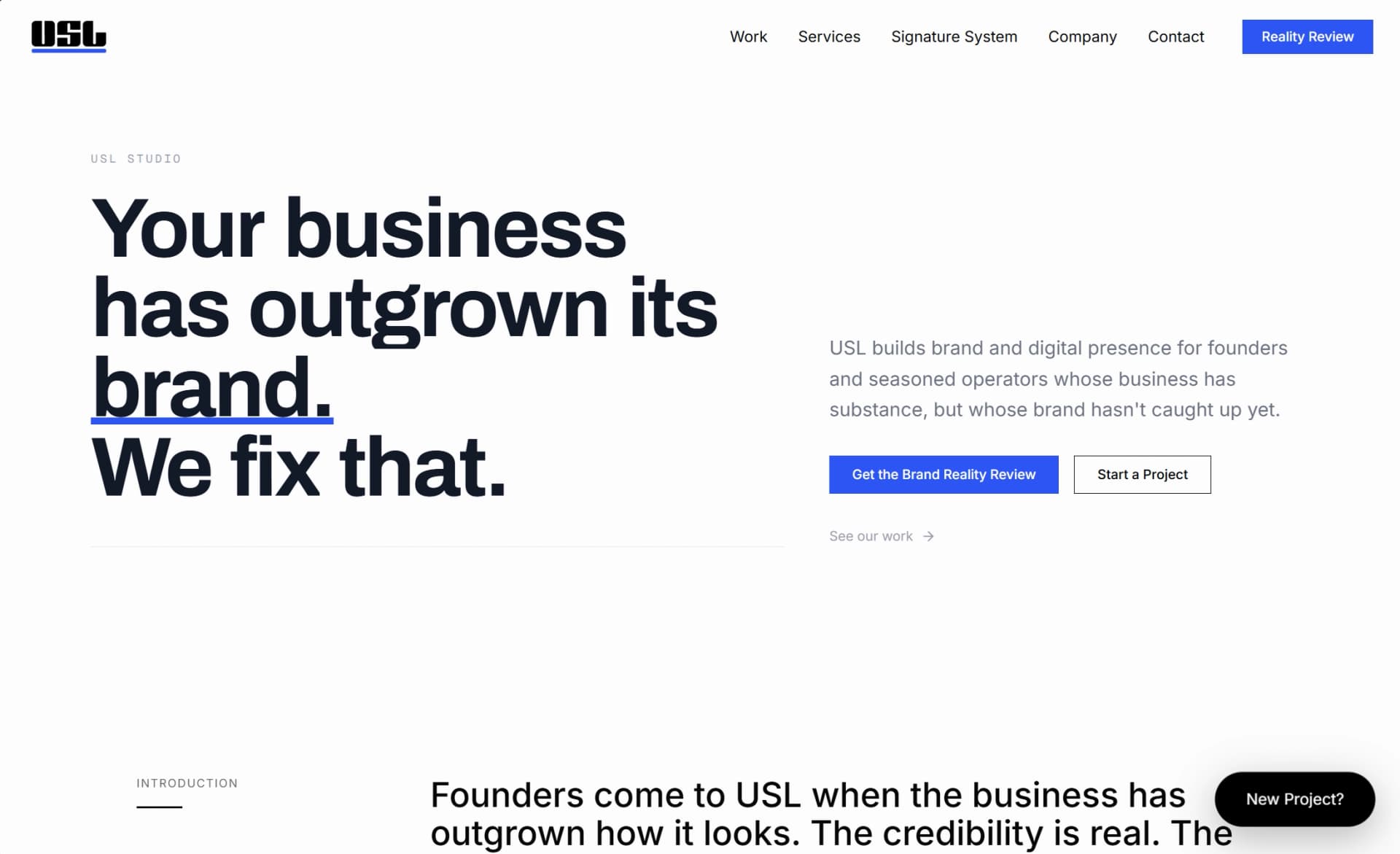 Screenshot of USL Creative Studio. Strategy, identity, and digital presence for credible businesses.
