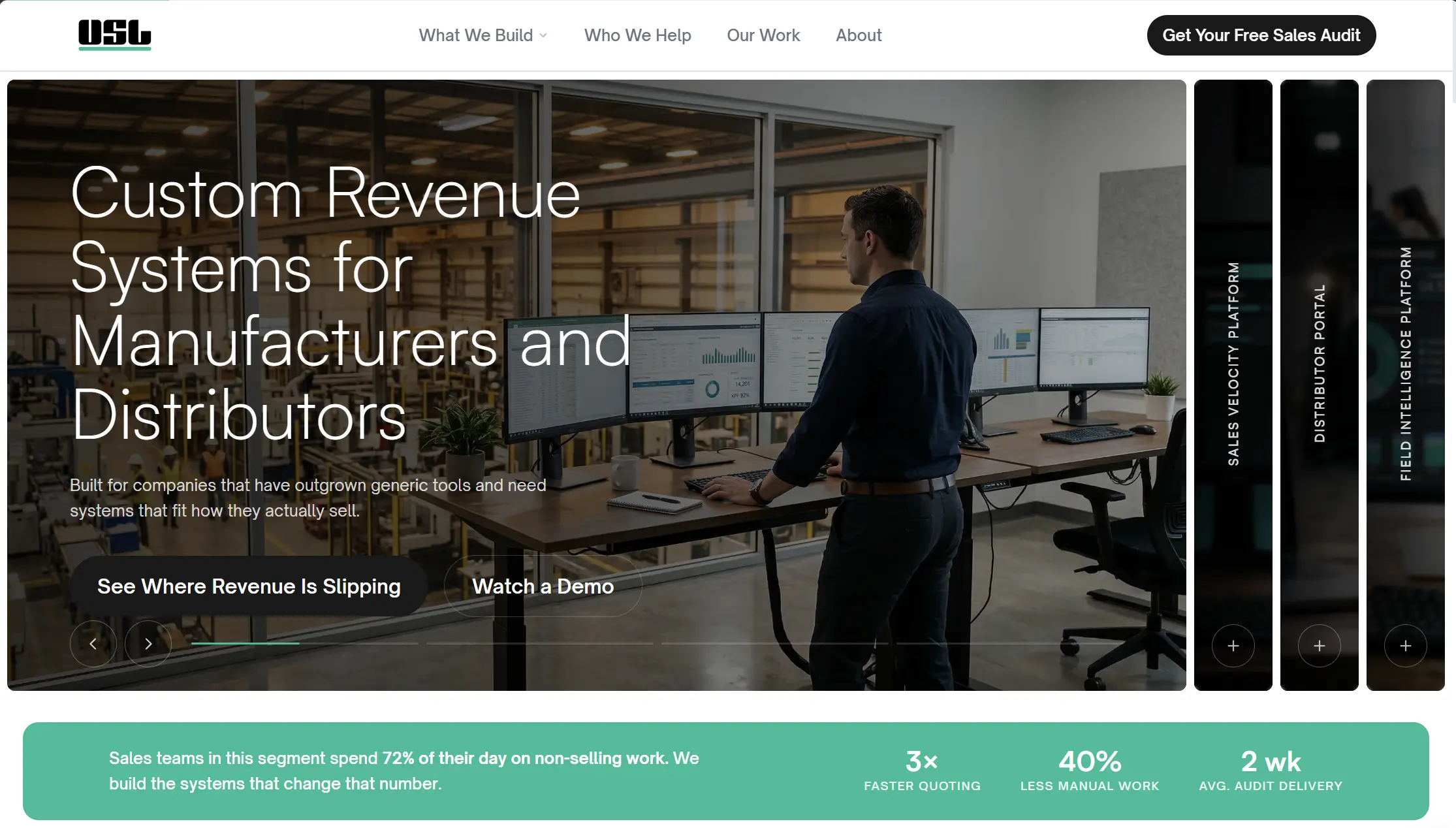 Screenshot of USL Systems. AI-powered revenue systems for manufacturers and distributors.